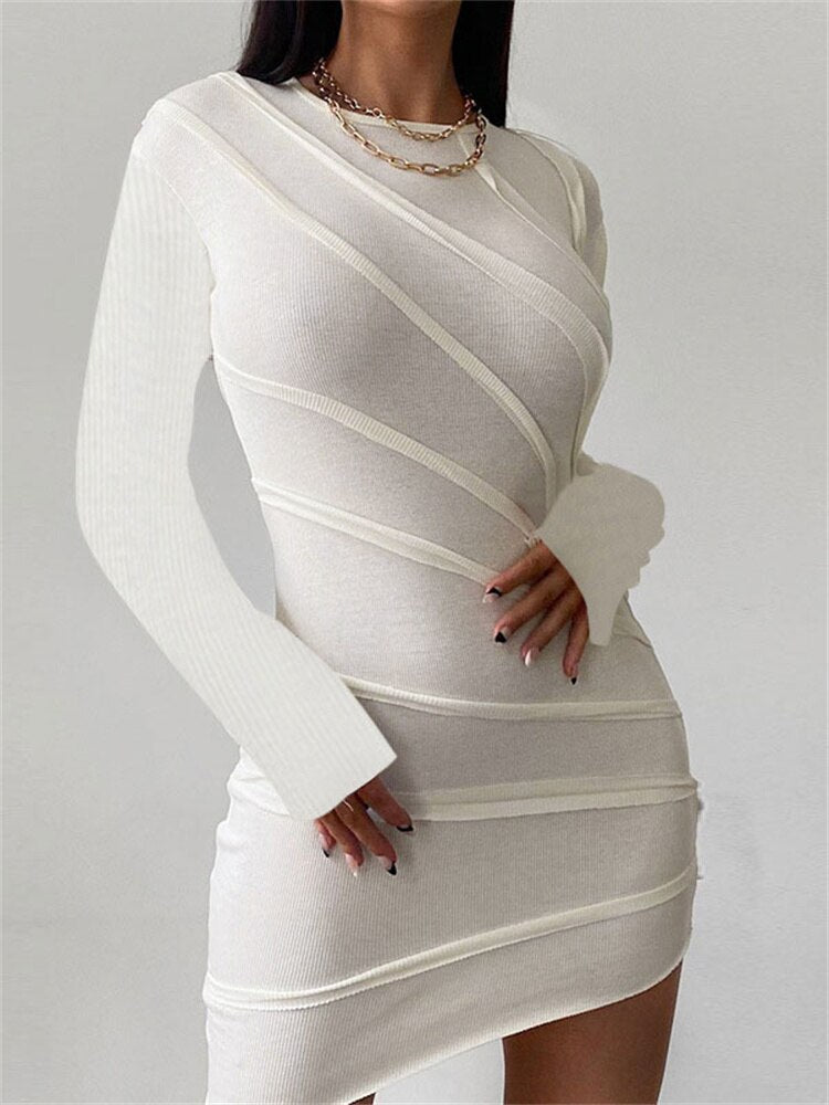 Geumxl Design Long Sleeve Bandage Dress Bodycon White Slim Mini Pencil Dress Women legant Bright Line Decoration Fashion Dresses