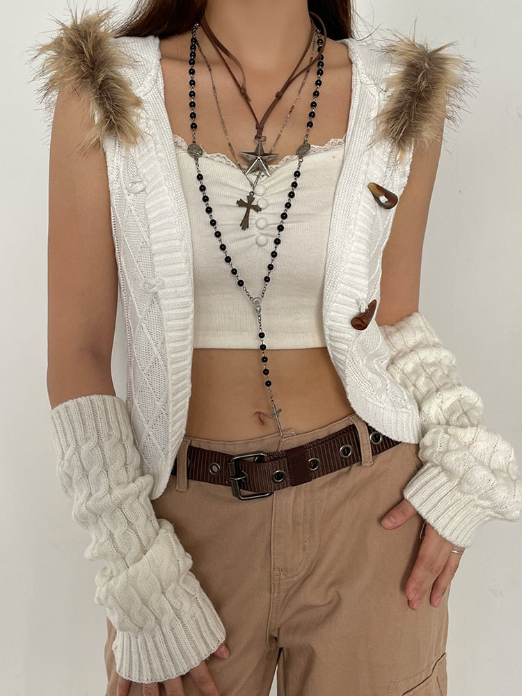Geumxl Y2K Aesthetic Vintage Hooded Knitted Sweater Vest Jacket Buttons Up Twist Faux Fur Trim Cardigan Fluffy Knitwear Coat