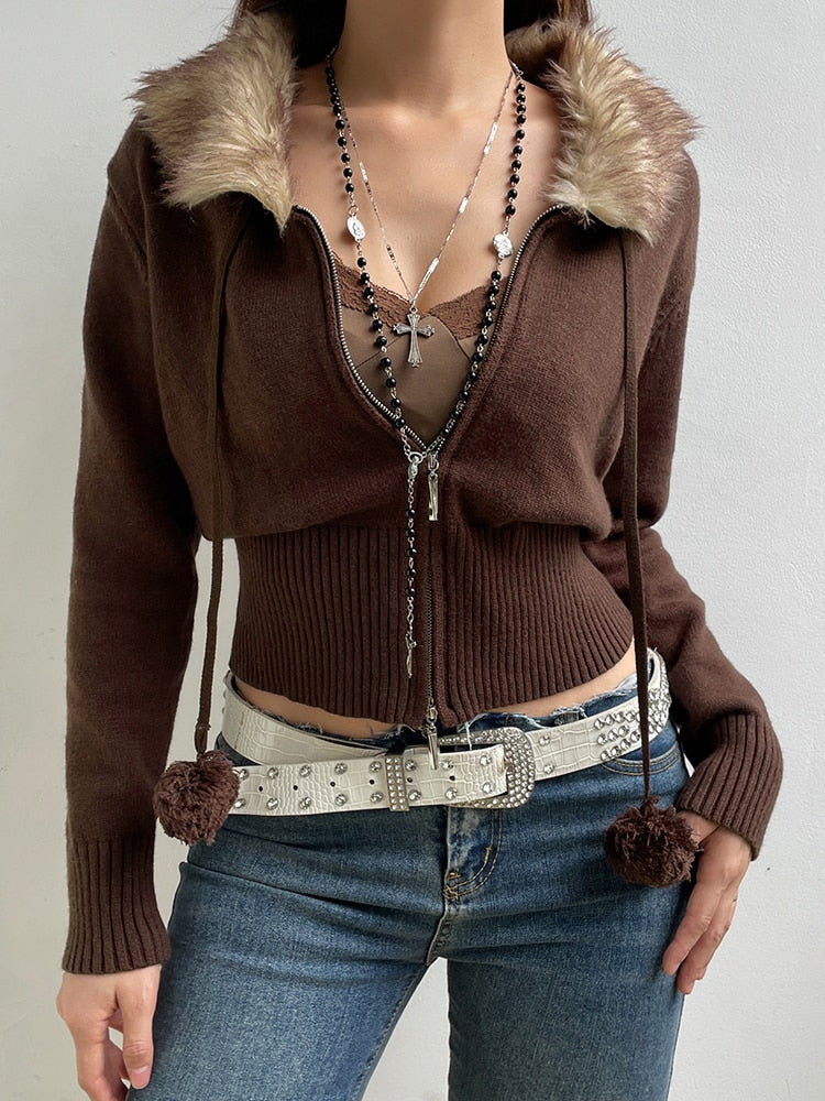 Geumxl Y2K Aesthetic Fluffy Fur Trim Collar Women Sweaters Jacket Furry 90S Vintage Zipper Coat Knitting Cardigans Knitwear