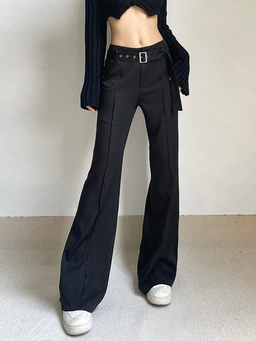 Geumxl Fashion Chic Elegant Belted Black Full Length Suit Pants Solid Basic Korean Clothes Female Trousers Straight Outfits