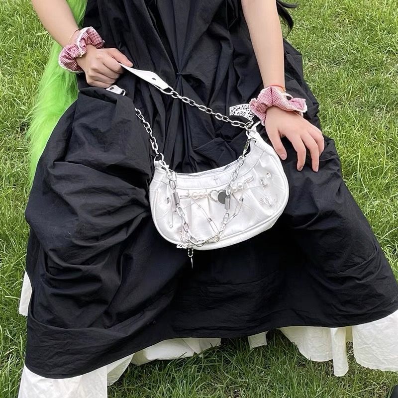 Geumxl Y2K Cool Girls Chain Shoulder Bags PU Leather Women's Underarm Bag Harajuku Pearl Design Female All Match Hobos Purse Handbags