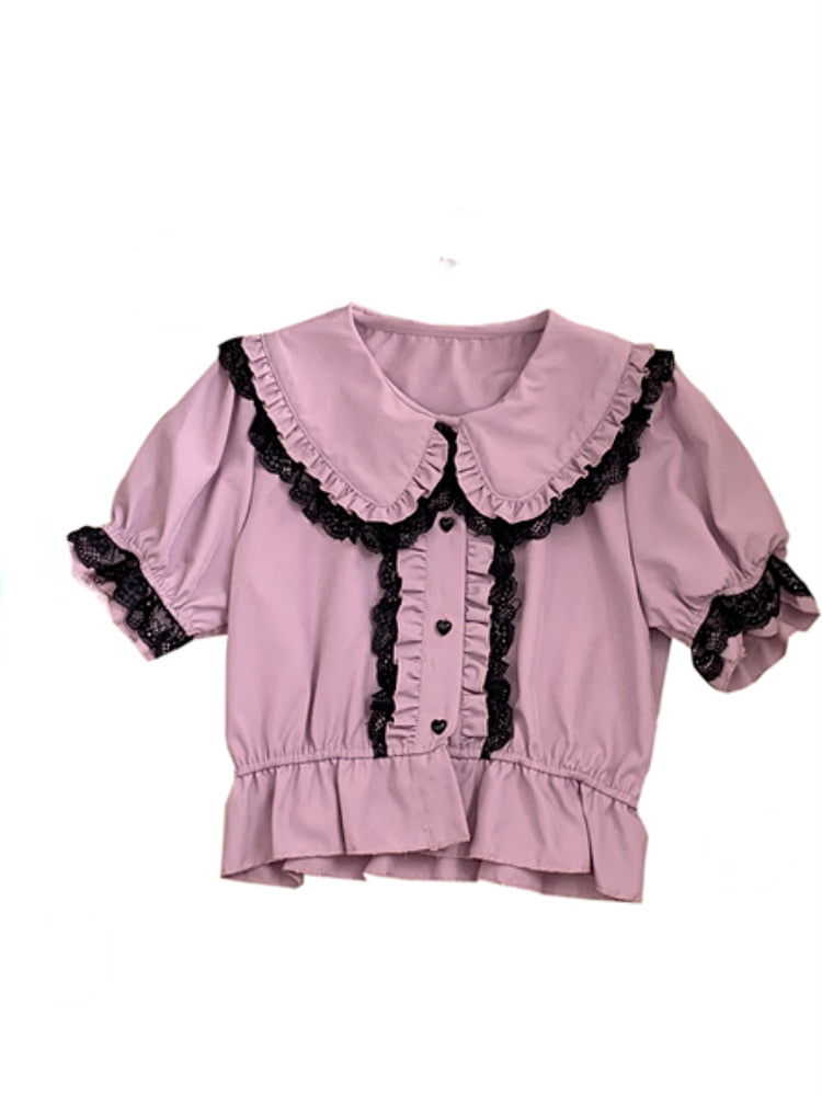 Back to School Kawaii Girl Sweet Cute Lolita Puff Sleeve Shirt Summer Y2k Lace All Match Blouse Top New Female Single Breasted 2023 Summer