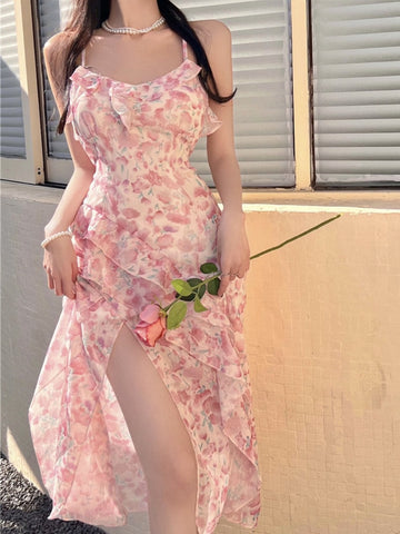 Geumxl Elegant Floral Sexy Dress Women Split Backless Party Midi Dresses Female Print Holiday Korean Fashion Strap Dress Summer 2022
