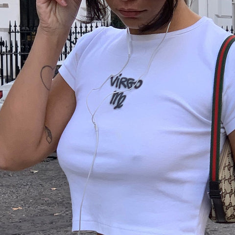 Geumxl Aesthetic Virgo Me Letter Print Crop Top Women Sexy Slim Summer Tops Tee Chic Grunge Streetwear Y2k Clothes T Shirt Tshirt Tank