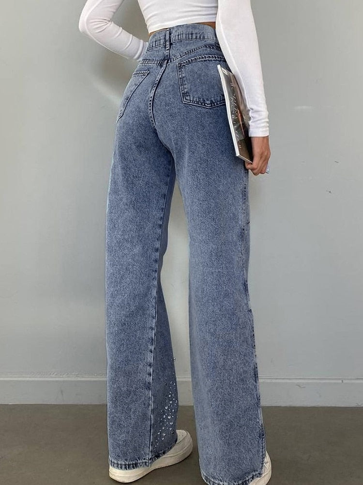 Geumxl Fashion Chic Rhinestone Bling High Waist Women Jeans Straight L