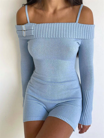 Geumxl Summer New Off-Shoulder Jumpsuit For Women Long Sleeve Y2k Slim Playsuit Knitwear High Waist Short Sets Casual Rompers