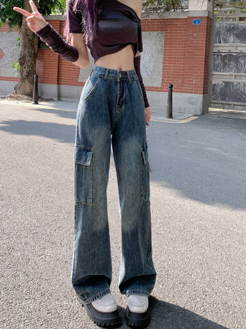 Back to School Korean Fashion Baggy Pants Women 2022 Summer Vintage High Waist Jeans Casual Straight Wide Leg Denim Trousers Lady Outdoor Slim