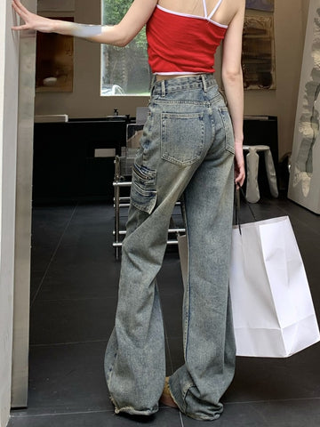 Back to School Korean Vintage Y2k Baggy Trousers Women Casual Pure Color Denim Jeans Office Lady High Waist Straight Pants Fashion Summer 2023