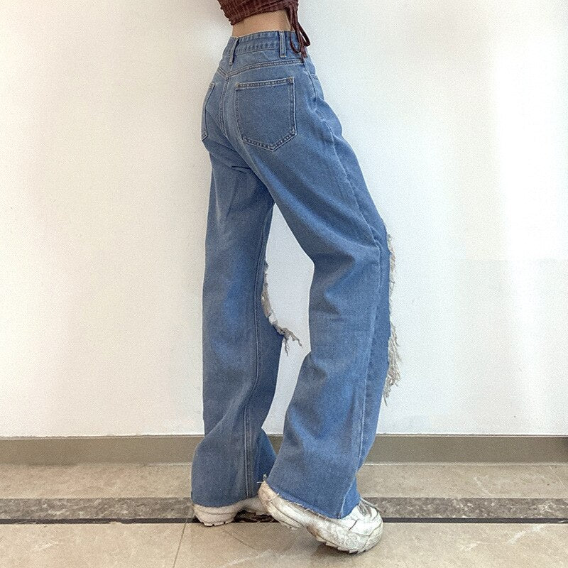 Geumxl Y2K High Waist Big Hole Mom Jeans Women Straight Cargo Pants Wide Leg Casual Hip Hop Streetwear Asymmetric Boyfriend Denim Jeans