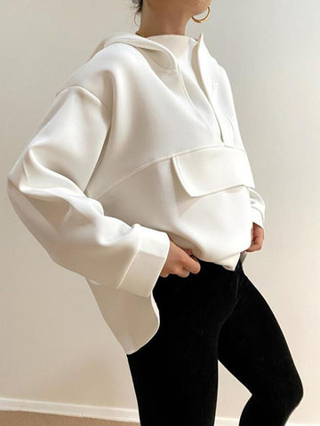 Geumxl Fashion Women Hoodies Oversize Asymmetric Hem Solid Black White Autumn Sweatshirt Loose Streetwear Hooded Pullover Tops