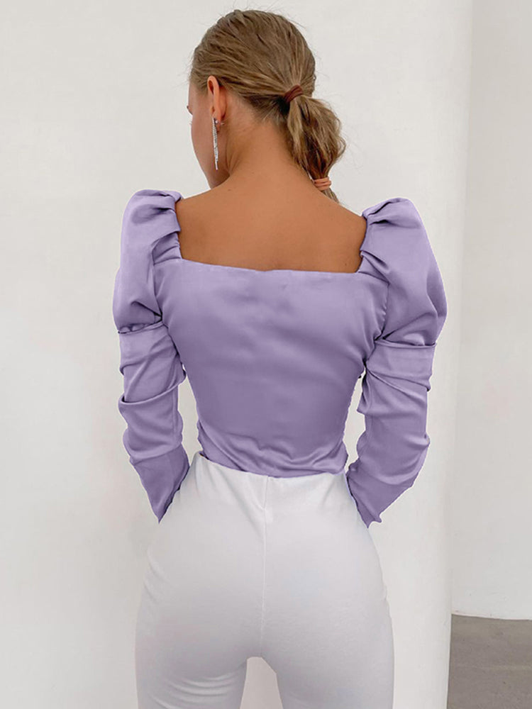 Satin Folds Women Top V Neck Puff Sleeve Spring T-shirts Slim Sexy Casual Office Lady Elegant Aesthetic Female Clothing