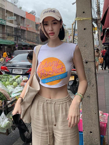 Geumxl Y2K Cotton Letter Print Crop Tops O Neck Short Sleeve Summer 	 Tank Slim Sexy Casual Streetwear Urban Aesthetic Clothes