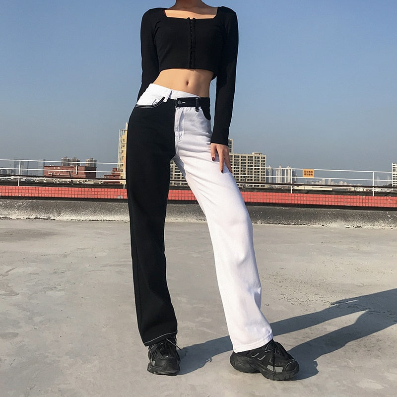 Geumxl High Waist Panelled Patchwork Jeans Women Korean Wide Leg Straight Pants Fashion Y2K Baggy Denim Trousers White Black Streetwear