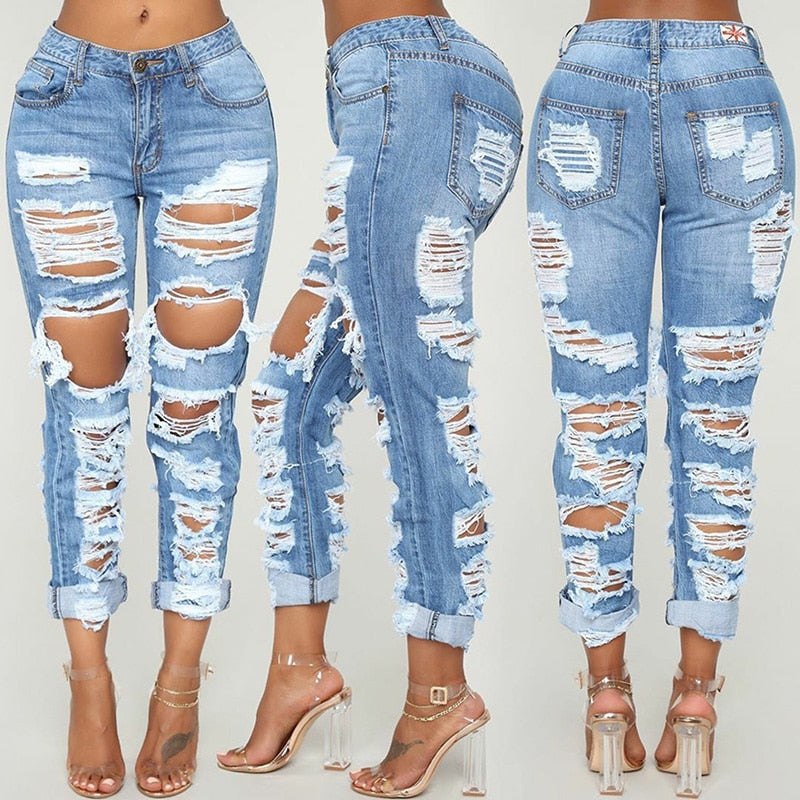 Geumxl Hole Washed Ripped Jeans Women Casual Korean High Waist Trousers Ladies Denim Jeans Light Blue Hollow Bleached Pencil Pants
