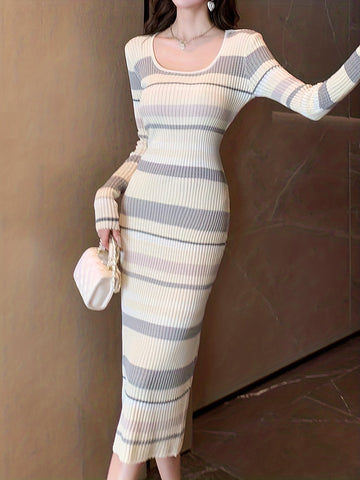 Vzyzv Striped Bodycon Midi Dress, Elegant Scoop Neck Long Sleeve Dress, Women's Clothing