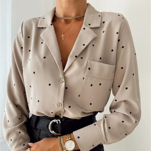 Pocket Long Sleeve Turn Down Collar Women Blouse Office Lady Polka Dot Cotton Casual Shirts 2022 New Spring