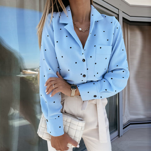 Pocket Long Sleeve Turn Down Collar Women Blouse Office Lady Polka Dot Cotton Casual Shirts 2022 New Spring