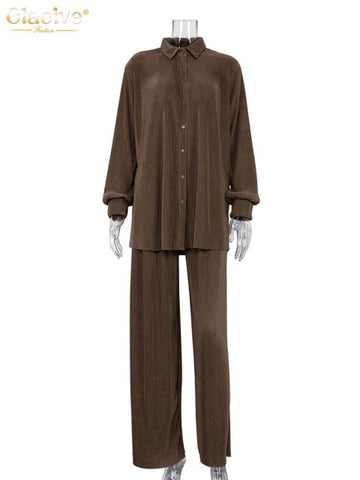 Geumxl Clacive Causal Loose Home Suit Autumn Long Sleeve Blouse With High Wasit Pants Set Women Elegant Pleated Beige 2 Piece Pant Sets