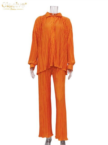 Geumxl Clacive Causal Loose Home Suit Autumn Long Sleeve Blouse With High Wasit Pants Set Women Elegant Pleated Beige 2 Piece Pant Sets