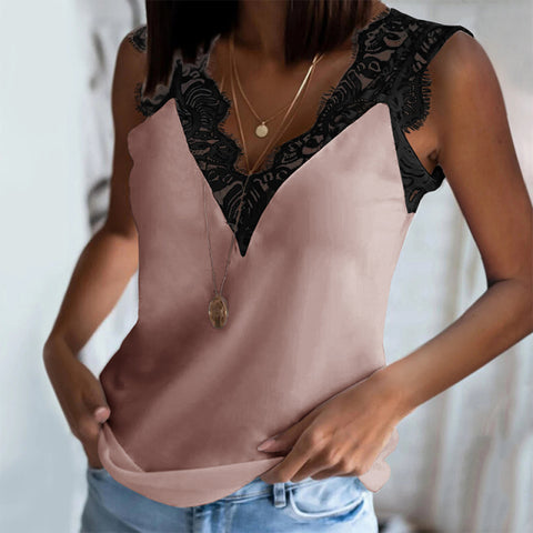 Geumxl 2022 Lace  V-Neck Solid Women Vest Top Strap Tank Tops Casual Sleeveless Shirts Blouse Camisetas Tirantes Mujer Women Outfit