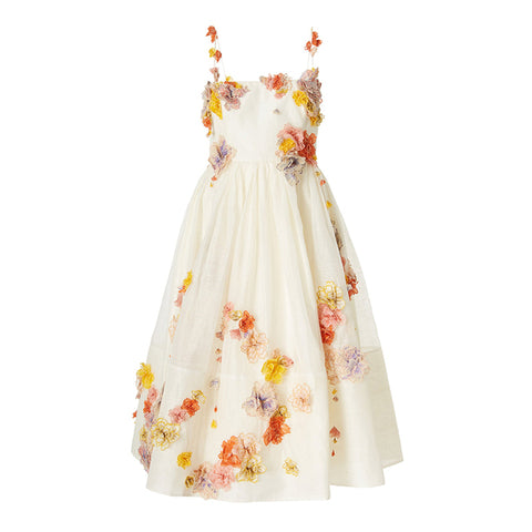 Geumxl Postcard Floral Appliqué Linen Silk-blend Midi Dress White Elegant French Flower Fluffy Spaghetti Strap Long Prom Dress Summer