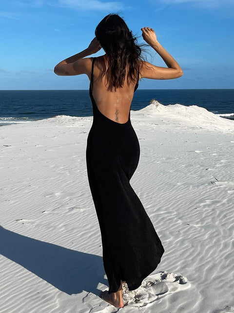 Geumxl Elegant Twist Straps Women Dress 2023 Sexy Backless Black Summer Beach Dress Fashion Maxi Green Club Outfits Draped Long Gown