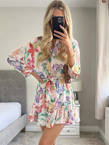 Elegant Women Floral Print Shirt Dress Single Breasted High Waist With Sashes Long Sleeve BOHO Casual Girls For Holiday Vestido